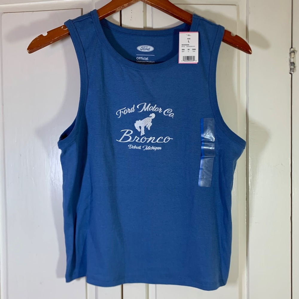 Ford Bronco Detroit Michigan Embroidered Blue Tank Top Large NWT Car Lover